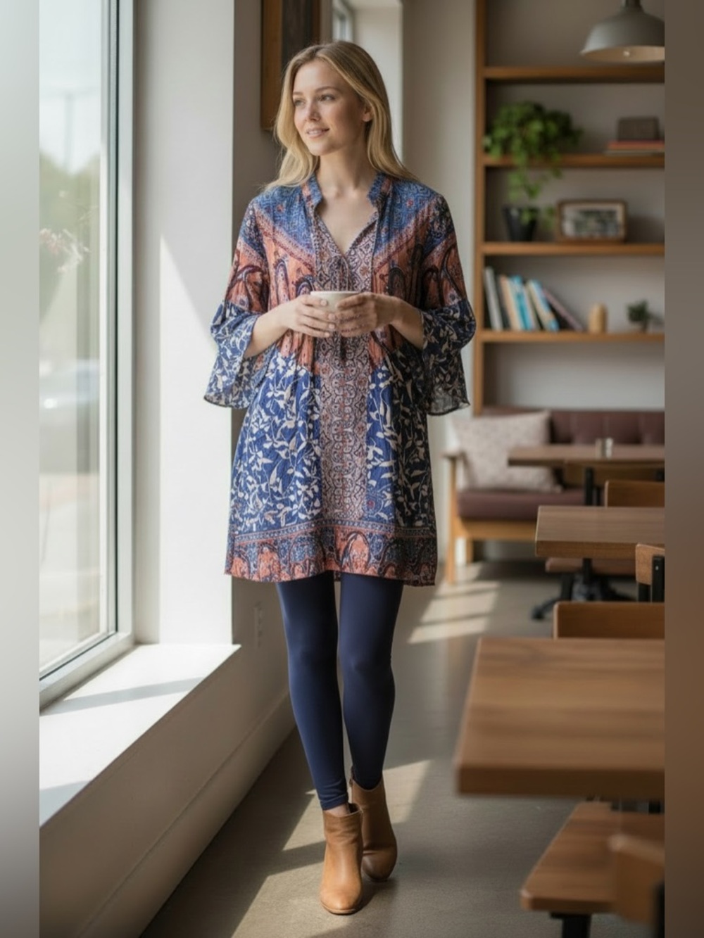 UMGEE Blue and Coral Flowy Printed Boho Dress, M - Picture 2 of 6